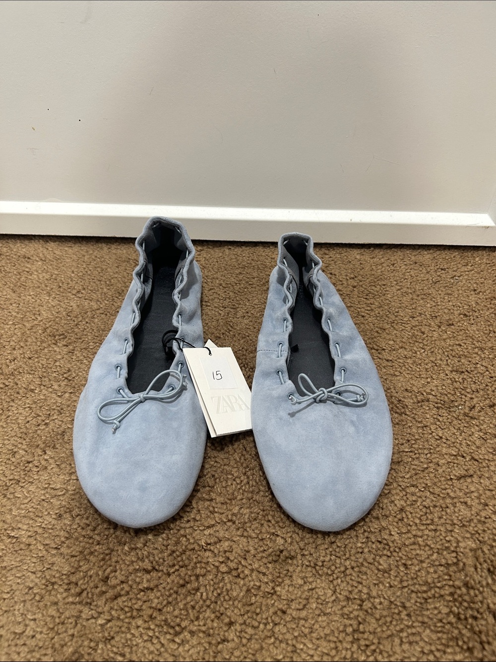 Zara Powder Blue Suede Ballet Flats with Ruffle Trim